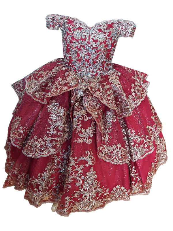 Big Girls Burgundy Glittery Gold Embroidered Off Shoulder Ball Gown 8-16 - SophiasStyle.com